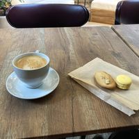 Praline latte, macaron, and Madeline at Délice de Bernay in New York City