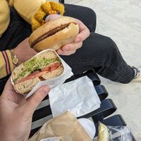 Veggie sandwich and PBJ on a blueberry bagel. at Bagels Forever in Madison