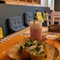 Fresh tofu & spring onion yubu chobap and strawberry oat latte at Bon Dabang in England