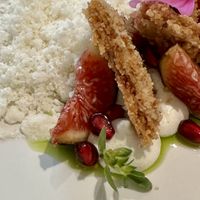 Fruit and fig leaf, cashew-coconut ganache, Breton coconut shortbread, leche de tigre granita  at Trèfle in Lyon