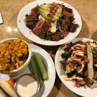 From the top, Lilly salad, tacos and Buffalo cauliflower! at Chimera Cafe in Tulsa