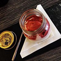 soy yogurt mousse with fresh strawberries sauce  at Gastronomia Le Quattro Stagioni in Adria