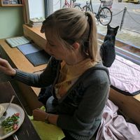 My lovely girlfriend and our new feline friend at Cafe Schnurrke in Cologne