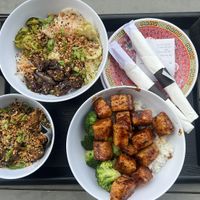 General Tso, Dan Dan Brussel sprouts, veggie bowl  at Gan Shan West in Asheville