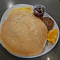 Sourdough pancakes with Vegan sausage and egg at Two Chicks in Reno