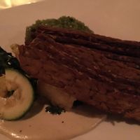 Smoked tempeh with spinach risotto- vegan second course at Cedar Restaurant in Washington