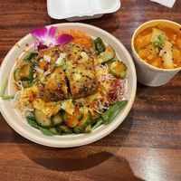 fried “chicken” and cucumber bibimbap, tteokbokki  at Seoul Food DC in Takoma Park