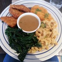 Veggielicious meal! Deep fried tempeh wings, sweet potato mash, garlic braised kale, gravy, and mac n cheese. 

Meal was topped off with a personal pecan pie and ice cream for dessert. at bloomer's in Toronto
