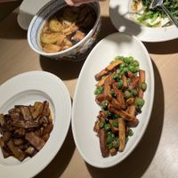 Eggplant, wild mushroom noodles, spinach with sesame sauce, tofu with fermented soy beans and peppers   at Qingchun Pumen (Pacific Ocean New World Branch) in Shanghai