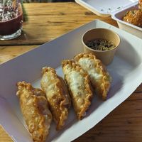Kimchi Yaki Mandu and a black vinegar dip, deep fried, a perfect beer snack! at Gravity Well Taproom in London