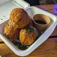 Miso Mac and Cheese - crunchy and delightful breading, paired well with a rich tonkatsu sauce at Gravity Well Taproom in London