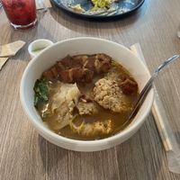 Vegan pork belly dumpling soup.  How they do the pork belly, I have no idea.  Really good and a really meaty tasting broth  at Veganerie Grand Palace - วีแกนเนอรี วัดพระแก้ว in Bangkok