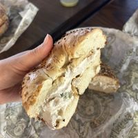 Garlic bagel with tofu scallion cream cheese  at Bagel Pub - University Place in New York