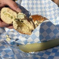 Vegan bagel with a vegan cucumber topping with cream cheese   at Joshy's Good Eats in Hamilton