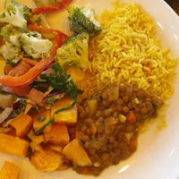 Buffet of the day (lentil curry, roast butternut, 2 salads) at Fruits and Roots in Johannesburg