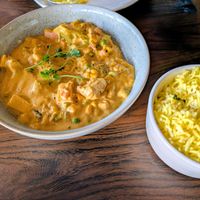 Coconut curry (vegan option) and saffron rice. The curry included tofu. 28 September 2025 at Tamarind in Brighton