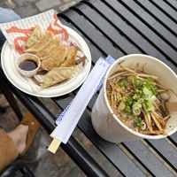 Vegetable gyoza and tofu udon   at Okan Kiosk Food Truck in London
