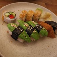 Vegan sushi selection: 4 maki, 3 avocado, 1 tofu, 1 mushroom. at Helens Sushi in Stockholm