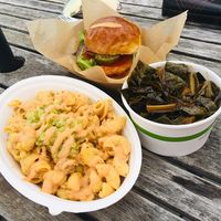 Spicy chicken sandwich, Mac and greens at The Herbivorous Butcher in Minneapolis