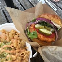 Spicy Chicken Sandwich and hamburger Mac at The Herbivorous Butcher in Minneapolis