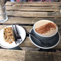 Flapjack and chai latte  at Satellite Coffee in Morzine