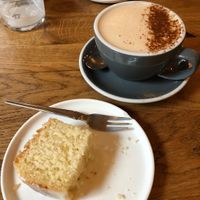 Vegan lemon cake and chai latte at Satellite Coffee in Morzine