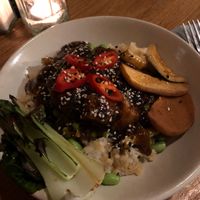 Vegan black pepper tofu stir fry with rice at Satellite Coffee in Morzine
