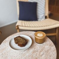 Vegan Banana Bread and Flat White (you can choose your milk Oat, Pea, or Coconut) at Pontes in Copenhagen