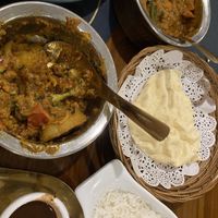 Vegan aloo gobi, veggie curry and samosa with poppadoms.   at Aahar - Pure Vegetarian Indian Restaurant Kuta in Kuta