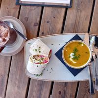 Satay tofu wrap with soup at Phoenix Cafe Bar in Exeter