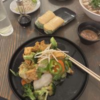 Vegan Tofu Spring Rolls (top) // Tofu & Vegetable Chow Mein w/ rice noodle  at LeQuy in San Francisco