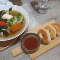 Side dish and veggie soup with rice at 納涼三說蔬苑坊~板橋店 in New Taipei City