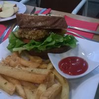 vegan burger and fries at Reality Bites Cafe in Rangiora