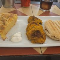 Tortilla de Patatas, no chicken skewer, no sausage sandwich at Vegan Rock in Sevilla
