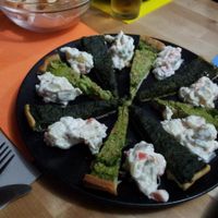 Spinach Tarte, Broccoli Tarte (probably..), and potato-mayo salad. All great! at Vegan Rock in Sevilla