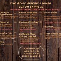 Menu  at Too Good Friend's Diner in Acton