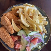 Vegan chicken strips with chips  at The Bellrock Restaurant in Arbroath