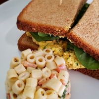 Eggless egg sandwich w/ macaroni salad at Get Fresh Cafe in Lancaster