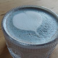 Blue chai latte at Nourish Cafe in England