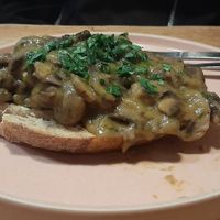 Creamy mushrooms on toast at Nourish Cafe in England