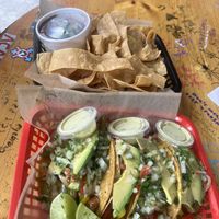 veggie tacos with addded avocado. homemade chips and salsa   at Worker’s Tap in Portland