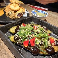 Fried tempura and aubergine in teriyaki sauce   at Moon and Back Nishiki Alley in Kyoto