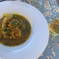 Summer lentils and bottled apple juice  at Aterina in Korcula