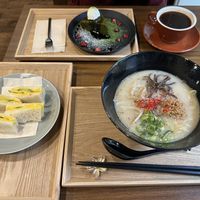 Vegan egg sandwich, Tonkotsu Ramen, matcha dessert and black coffee.  at Bien - ビアン in Kyoto