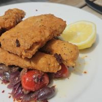 'Panelle' - Italian chick pea fritters with sweet and sour aubergine: today's special. at The Slade Cafe in London