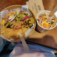 Falafel bowl and big salad at LEON Eurotunnel in England