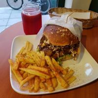 Double falafel burger combo (fries and unsweetened blackberry juice) at La Cocinita Verde in Bogota