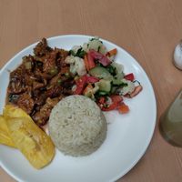 Gluten with mushrooms, veggies, rice, plantains at De Nobles in Bogota