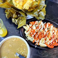 Tamal, salchipapas, and soup from the daily menu. All tasted better than it looks  at De Nobles in Bogota