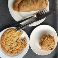 Vegan cauliflower curry patty, fruit scones and chocolate chip cookie at Sutton Hoo Cafe in England